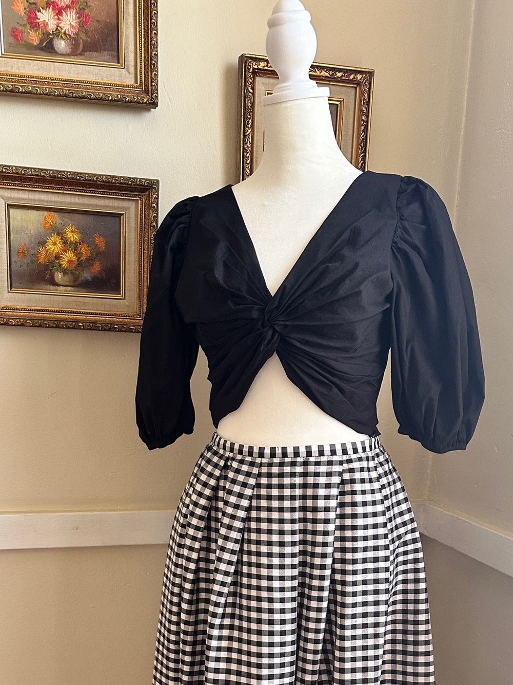 Jason Wu Black Twist Front Puff Sleeve Crop Top | Size Small | Cotton